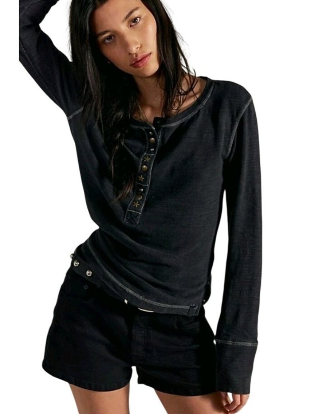 We the Free People Josie Thermal Henley Blue Bella Swan Y2K Elena Gilbert Sz L